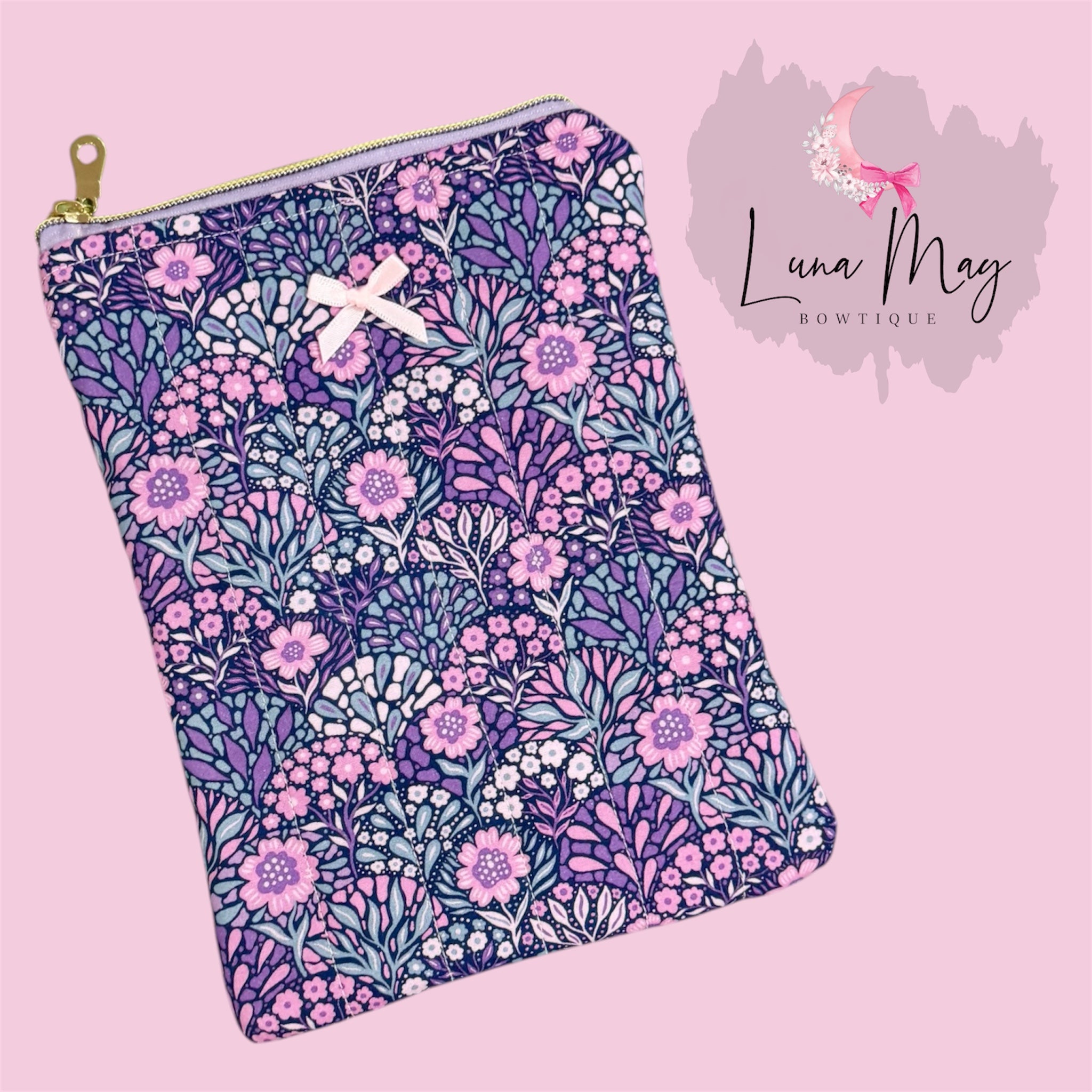 Purple Floral Quilted Ereader Sleeve or Book Case with Zipper
