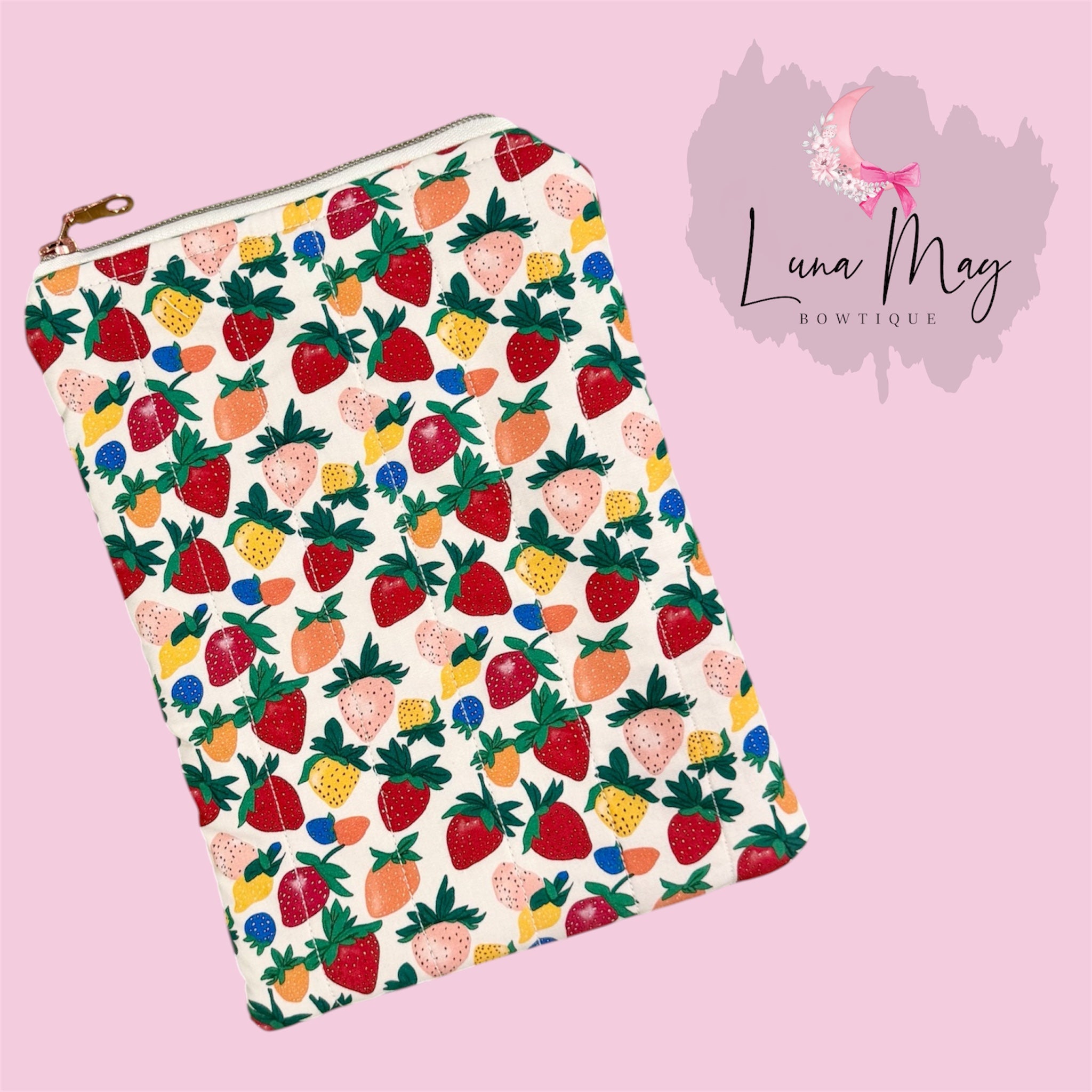 Strawberry  Quilted Ereader Sleeve or Book Case with Zipper
